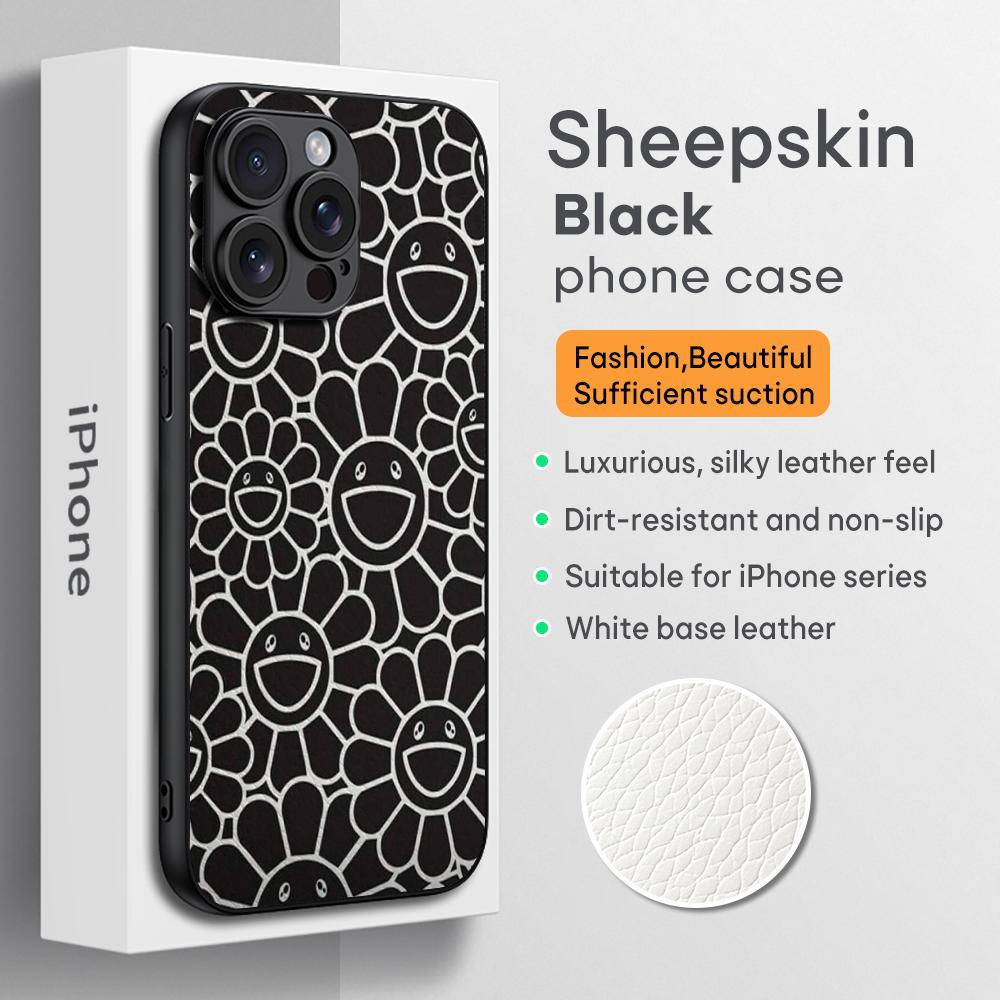 Sunflower Japan Painting M-Murakami Art Phone Case For iPhone 16 15 14 13 12 11 Plus Pro Max Limited Black Hard Case Sheepskin