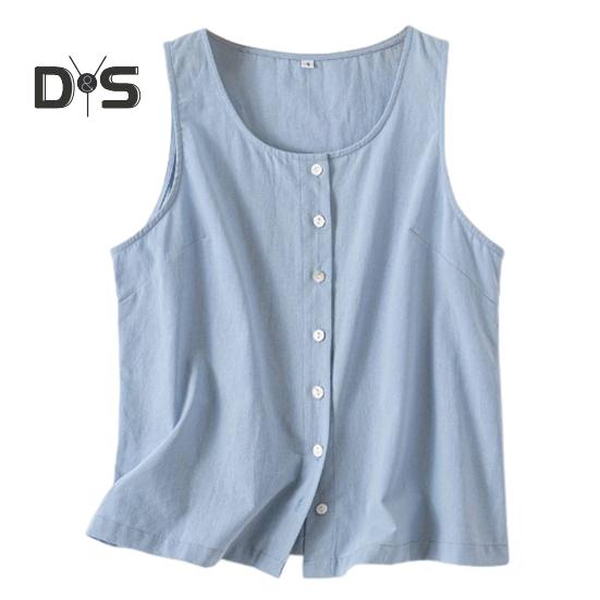 Damen Sommer Weste Rundhals Ärmellos Loose Fit Tops Einfarbig Knopfleiste Design Tank Tops Streetwear