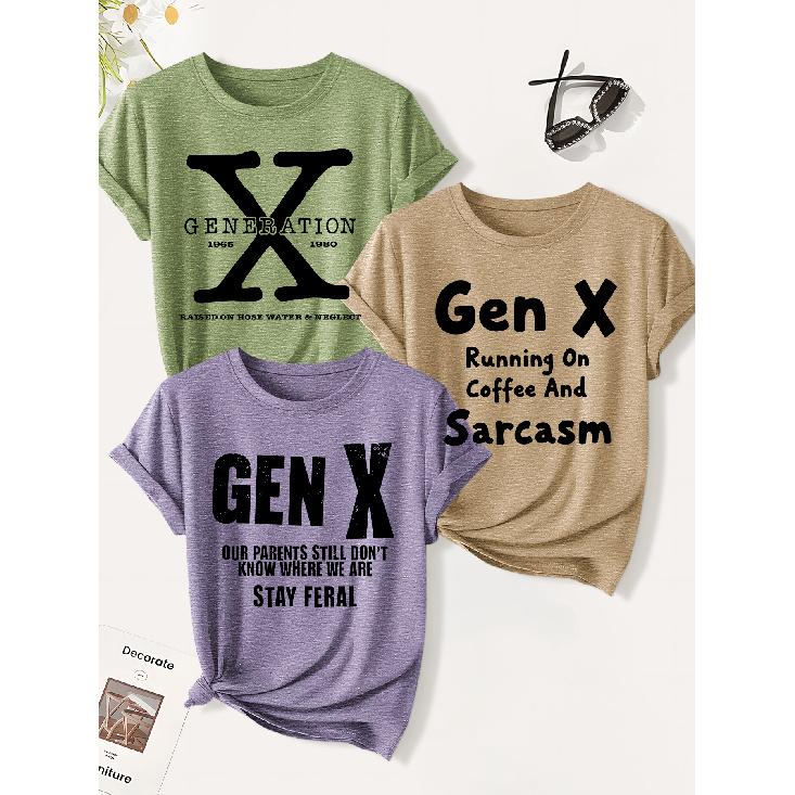 3 Pack of women's summer tops | Gen X Modern American-style slogan print T Shirt | Cute and trendy casual round-neck short-sleeve suit | 2026 Summer