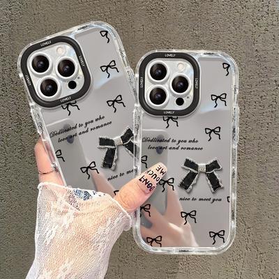 Zwarte Strik Geschikt voor IPhone15 IPhone Hoesje 16promax Spiegel Driedimensionaal 14 Licht Luxe 13 Valbestendig
