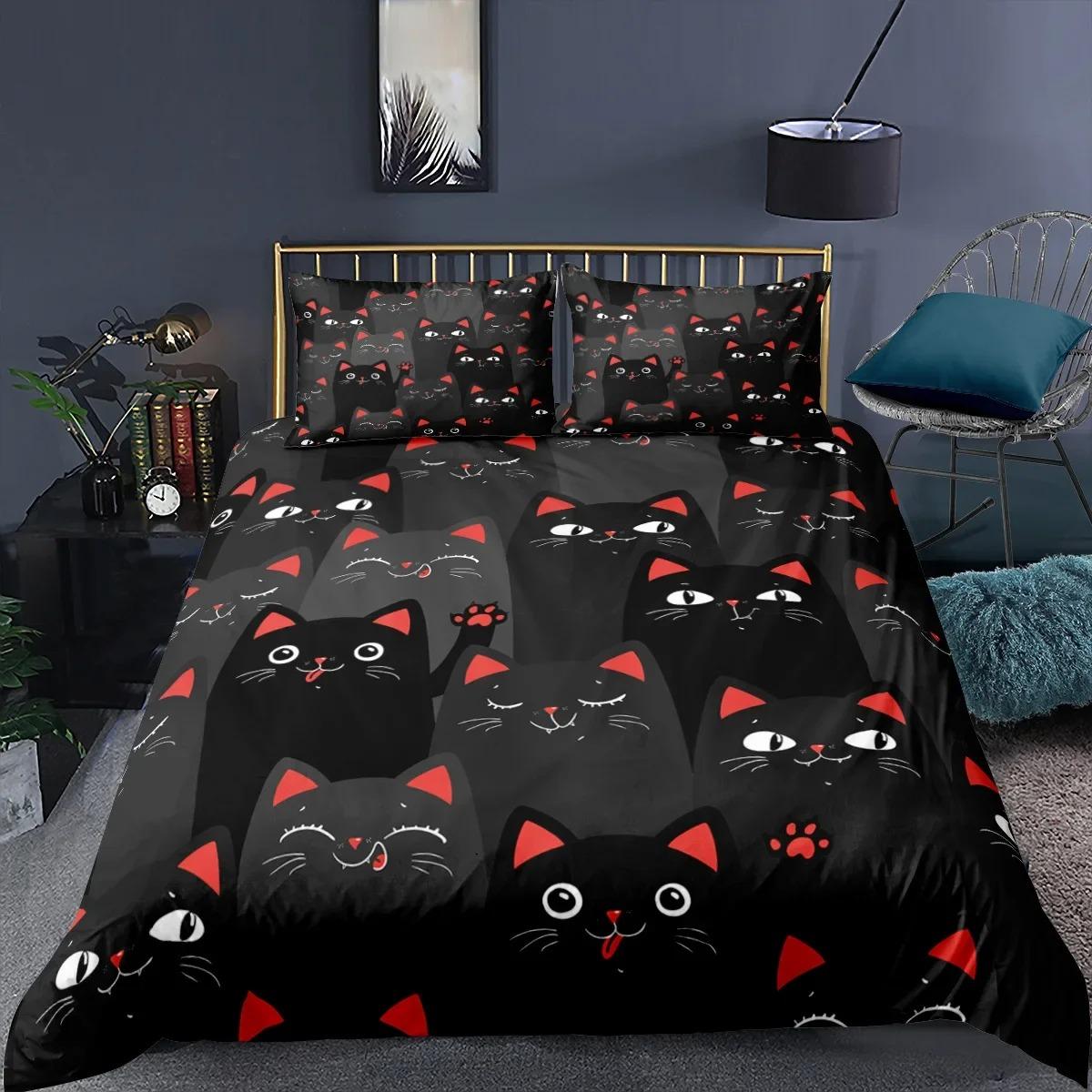 

Cat Duvet Cover Polyester Pattern with Hipster Playful Feline Characters, Decorative Twin Bedding Set with 2 Pillow Sham Tool 70x133cm 2pcs