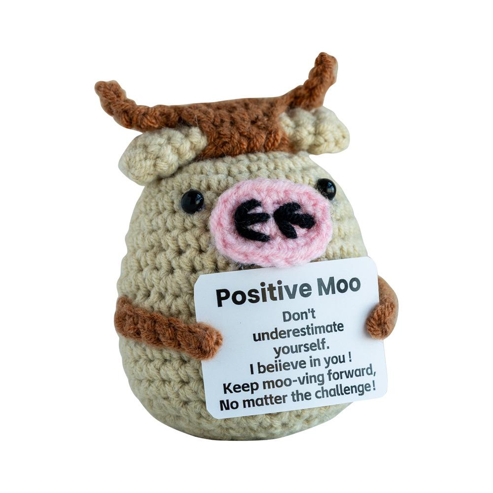 Funny Crochet Emotional Support Cow Doll With Card Desktop Ornament Handmade Knitted Positive Energy Cow Doll Christmas Gifts