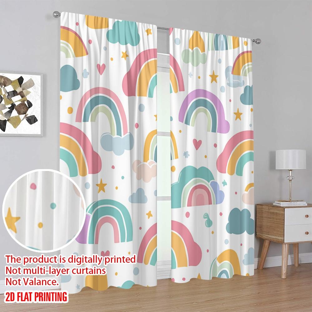 2D Flat Printing 2pcs Curtain Cute Rainbow Cloud Stars Digital Printed Polyester Drapes Holiday Decorations Perfect for Holiday