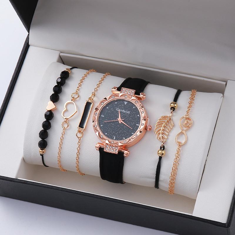 Women S Versatile Multi-Piece Jewelry Set Diamond Dial Belt Quartz Watch Beaded Bracelet Quartz Watch