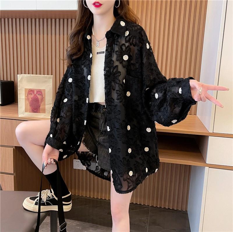 Women's Summer Polka Dot Sun Protection Shirt Lightweight Long-Sleeve Breathable Polo Collar Shirt