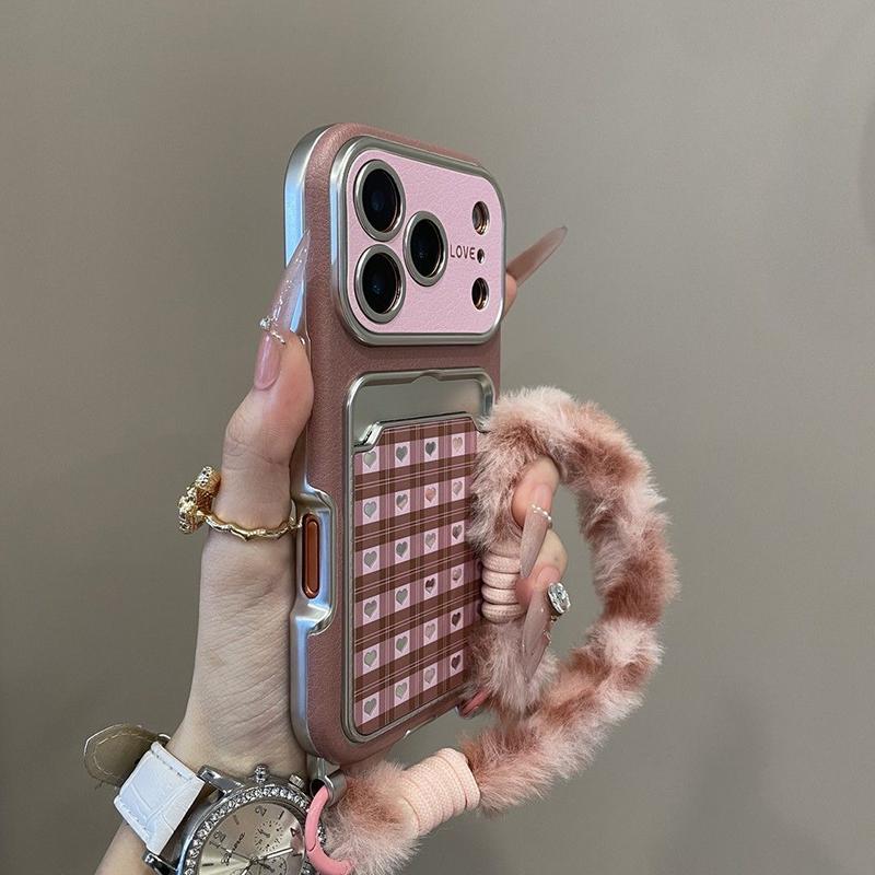 

Для iPhone 17 Pro Max 16 15 Pro 14 13 Модний картатий серце сріблясте дзеркало тримач для карток мультяшний чохол для телефону з хутряним шнурком For iPhone 17 Promax