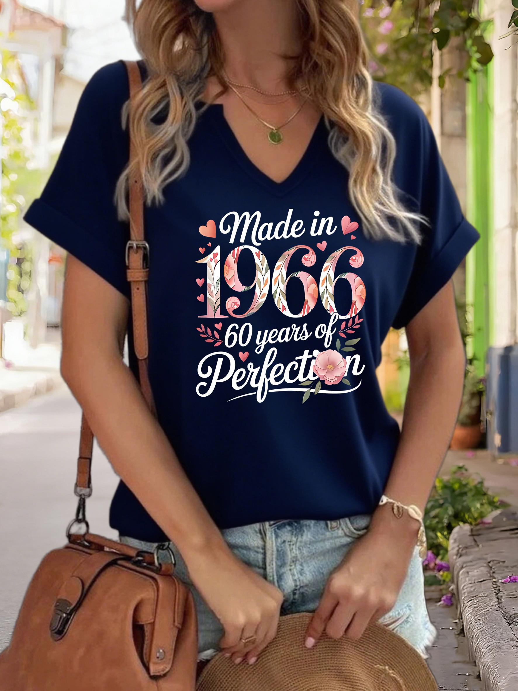 

Women s V-Neck Made in 1966 Graphic Tee, 60 Years of Perfection Print T-Shirt, Casual Loose Short Sleeve Birthday Fashion Top L