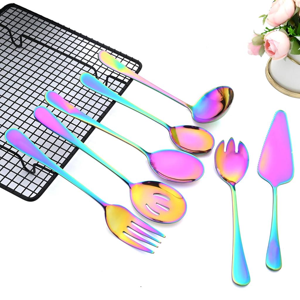 7Pcs Dinnerware Cutlery Set Stainless Steel Portable Kitchen Cake Shovel Service Fork Spoon Colander Spoon Salad Fork Tableware