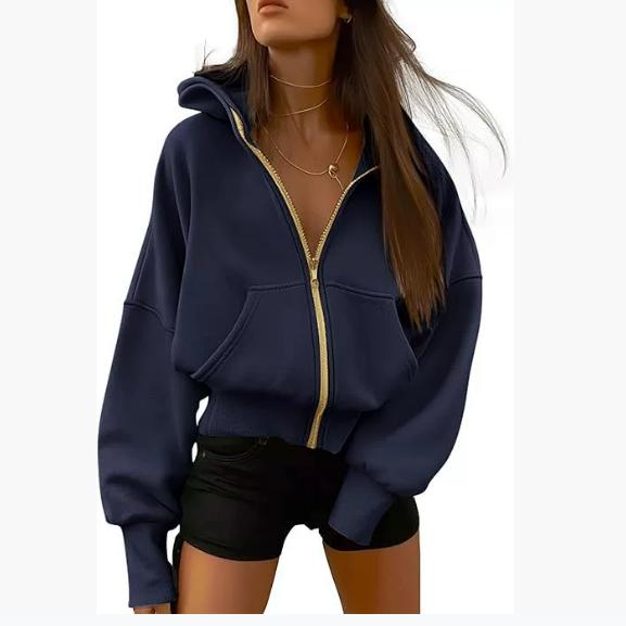 Women's Zipper Hooded Long-sleeved Short Sweatshirt Wool Hooded Jacket Fashion Autumn and Winter Clothes