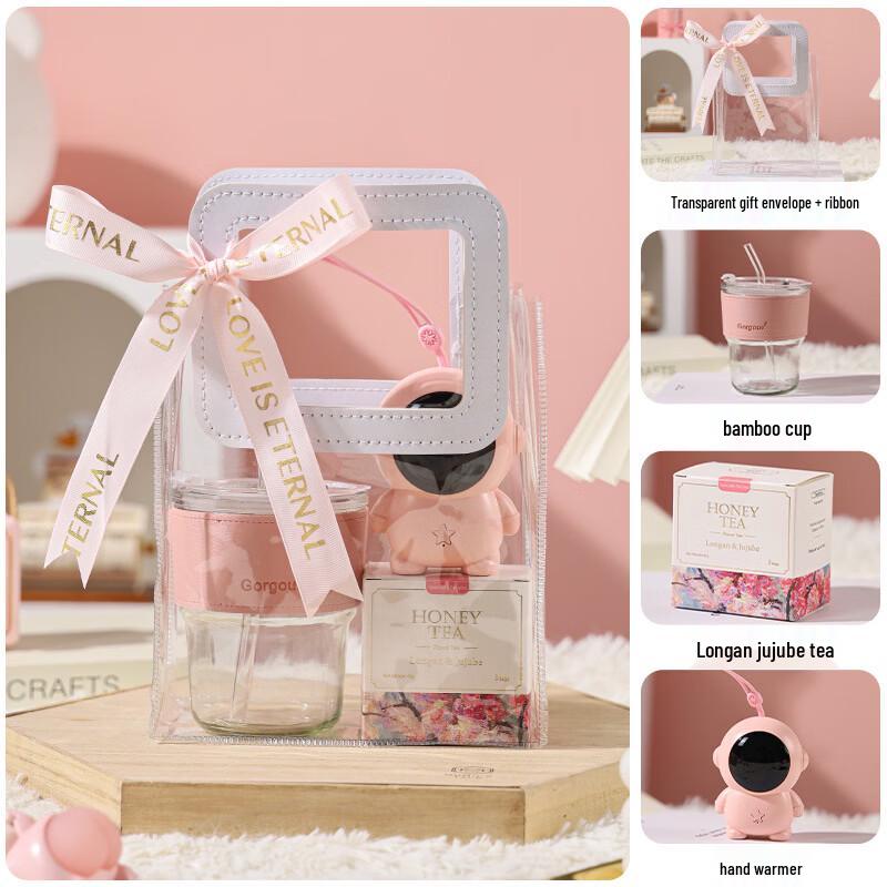 Pink Gift Set with Glass Cup, Tea, and Hand Warmer