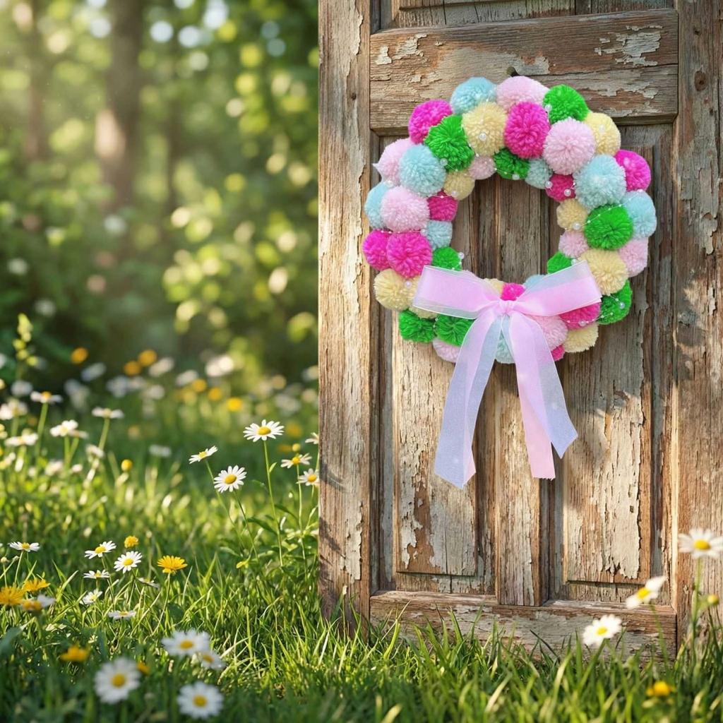 Easter Wreath Door Decoration Hanging Floral Circle, Plush Balls For Indoor Outdoor Porch Decoration