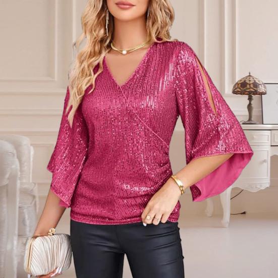 Women Top Shiny Sequin Hollow Out Three Quarter Horn Sleeve Solid Color V Neck Loose Pullover Soft Breathable Lady Commute Prom Blouse
