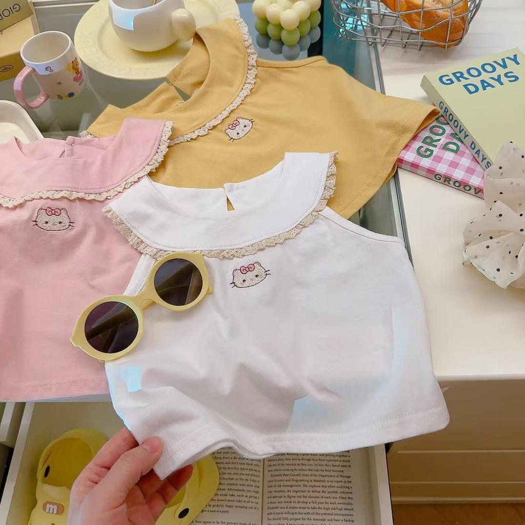 Summer Girls' Embroidered Cat Short Sleeve Pure Cotton Doll Collar Top