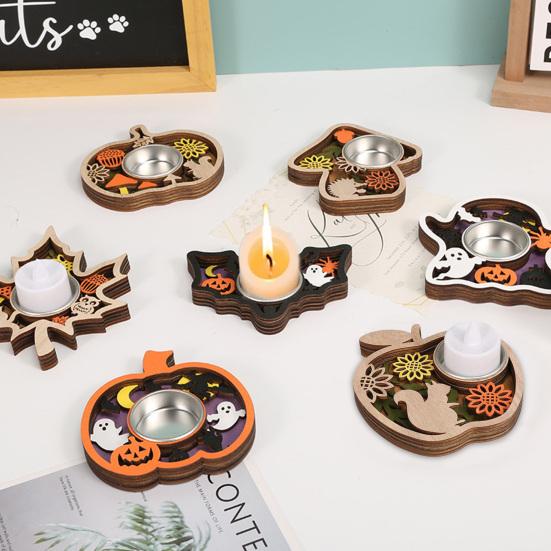Wooden Candle Plate Holder Tray Tabletop Tealight Pillar Display Tray Wood Pumpkin