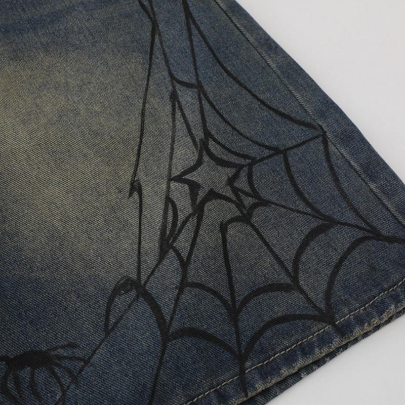 Distinctive Fashion Brand Spider Print Denim Shorts Men's Loose Casual Wash White Pants American Vintage Pants
