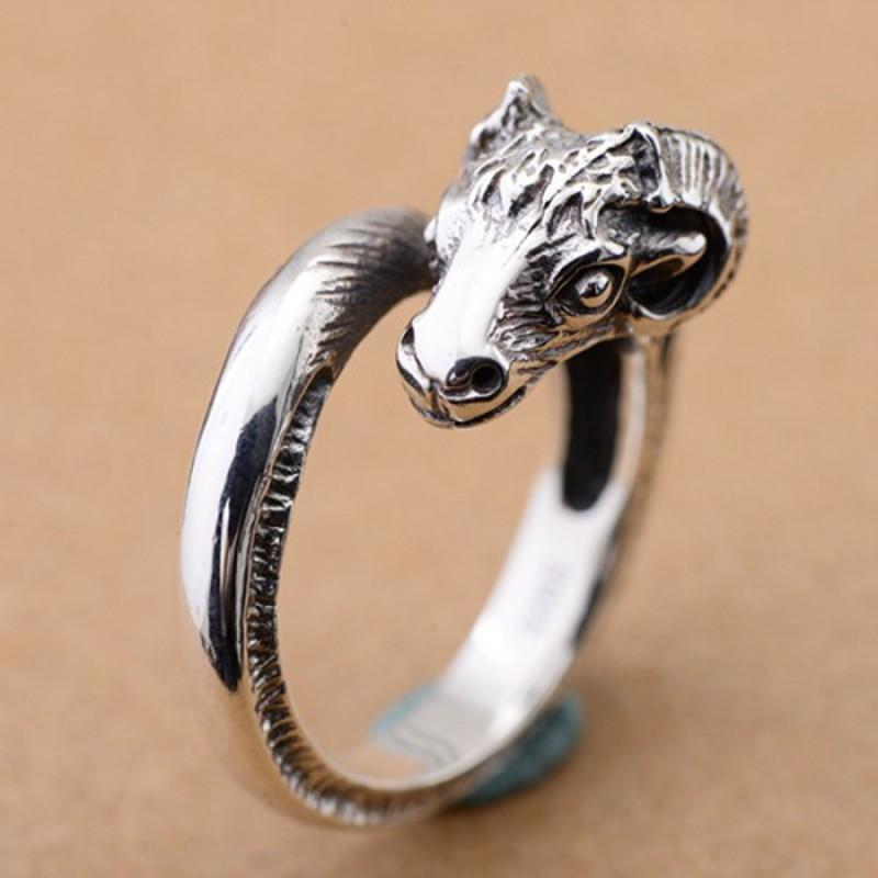 Adjustable Open Ring Men Women Vintage Goat Head Design Sterling Geometric Statement Jewelry