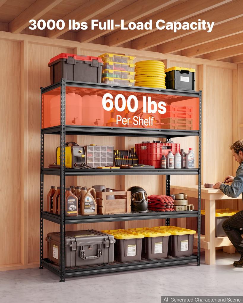 VEVOR Storage Shelves, 5-Tier 1361 kg Garage Shelving 153 x 61.2 x 181.3 cm, for Garage, Basement, Warehouse, Workshop