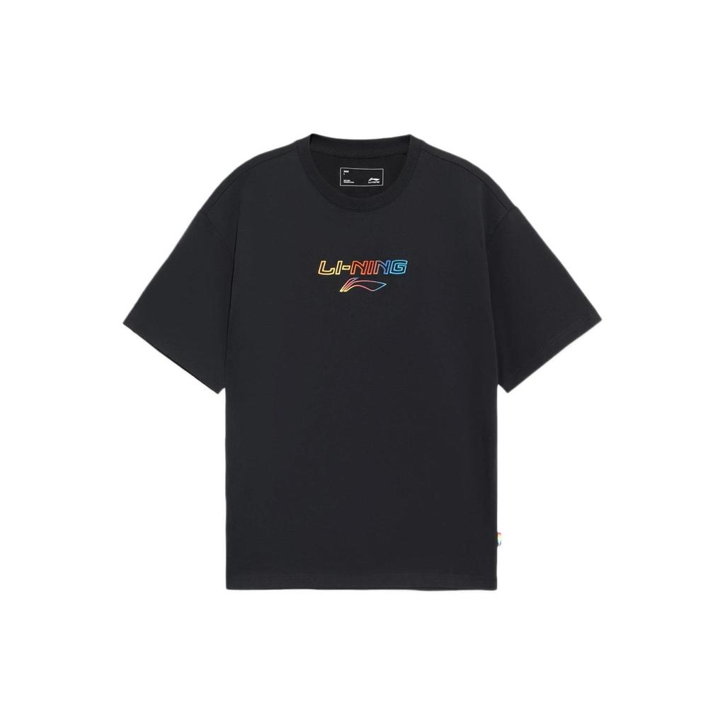 Li Ning Sports Fashion Series Letter Logo Embroidered Loose Short Sleeve T-Shirt Unisex Tops Black AHSS559-1