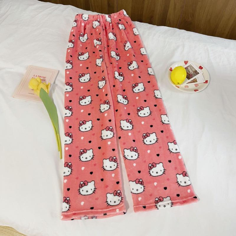 Cartoon Cat Christmas Flannel Pajama Pants for Women - Cozy Winter Kitty Fleece Lounge Wear