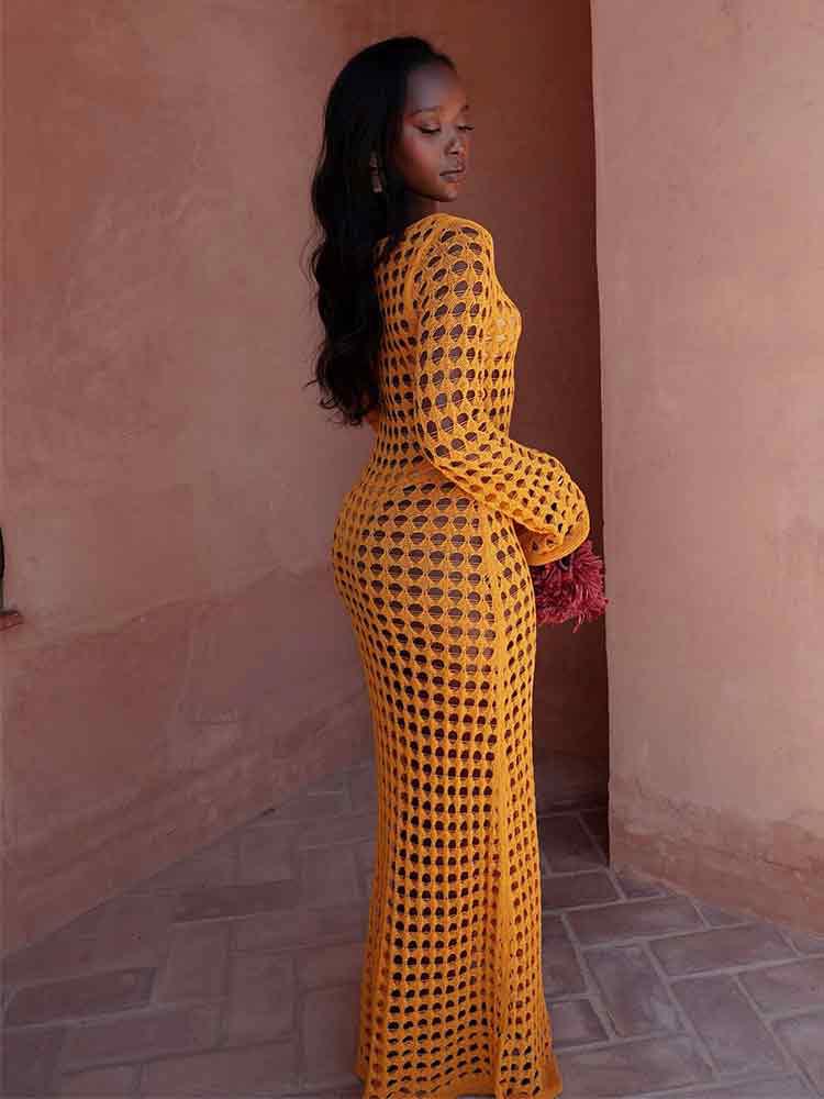EDOLYNSA Sexy Cut Out Bell Sleeve Solid Knit Crochet Beach Maxi Dress 2024 Women Summer Chic Swimsuit Cover Up Elegant Party Outfit K23
