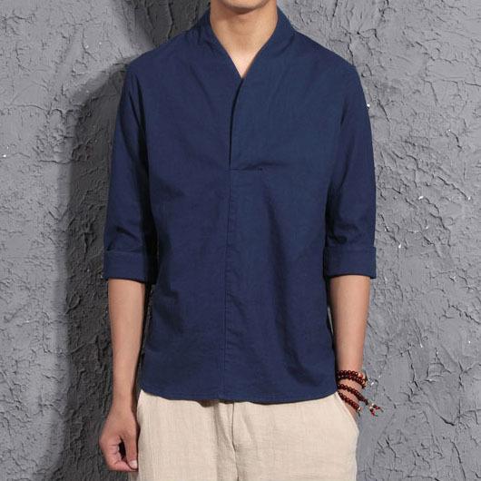 Chinese Style Retro Cotton and Linen Short-sleeved V-neck T-shirt Summer Three-quarter Sleeve Men's Linen Hanfu T-shirt