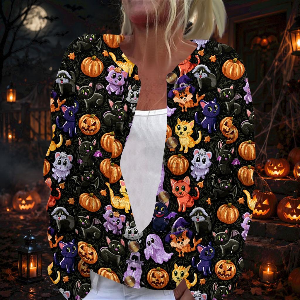 Damen Strickjacke mit langen Ärmeln und Halloween-Print, Knopfleiste vorne