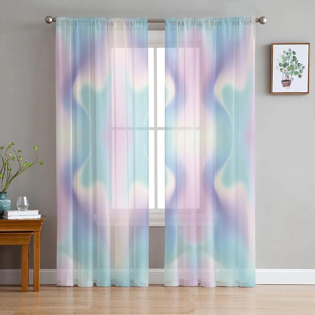 Candy Rainbow Stripes Sheer Voile Curtains for Living Room Printed Tulle Window Curtain Luxury Home Balcony Decor Drapes