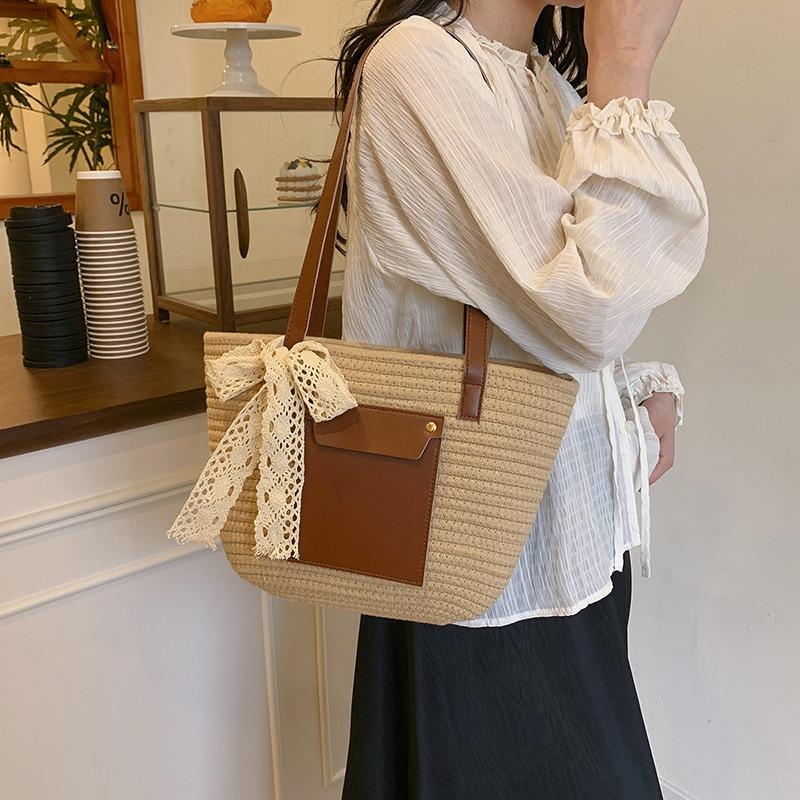 Summer New Woven Tote Bag Fashionable Splicing Large-capacity Versatile Shoulder Underarm Bag Simple Casual Handbag