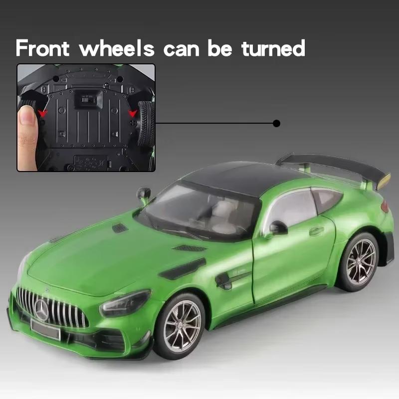Velký 1:18 Mercedes-Benz AMG GTR model auta Kovové tlakově lité vozidlo Sběratelské hobby zvuková a světelná stahovací miniaturní hračka pro chlapce, děti dárek