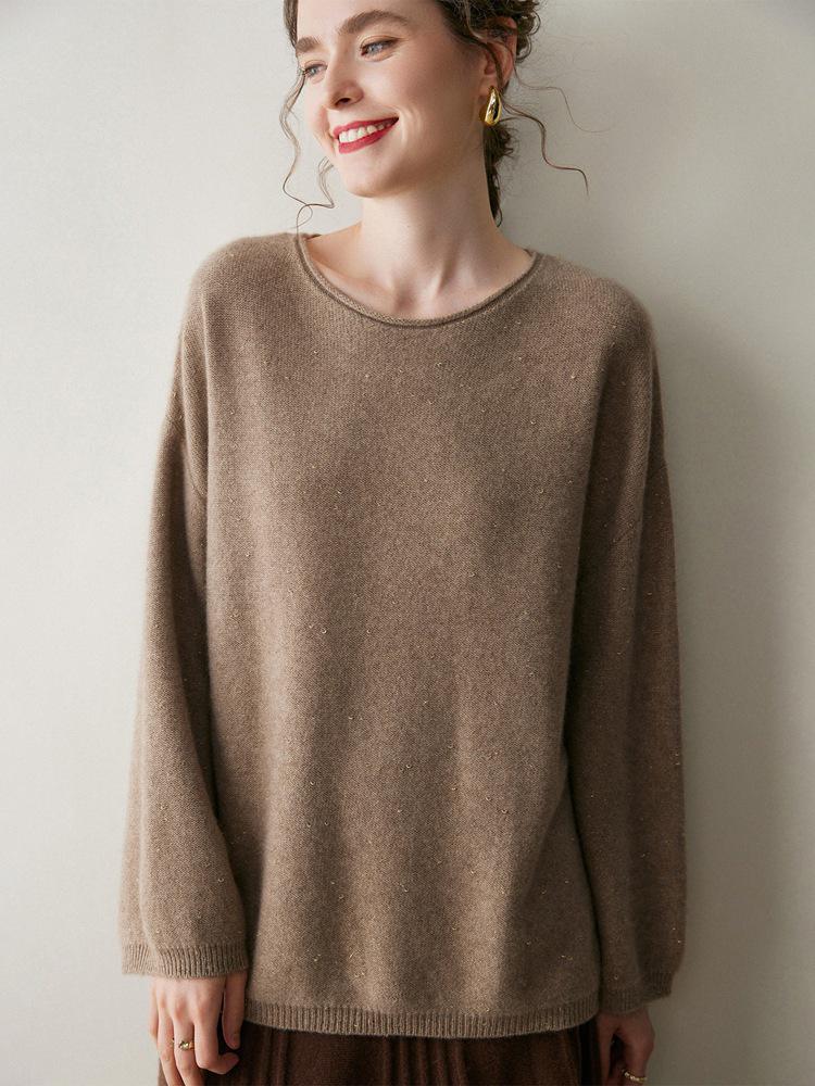 Women's Cashmere Sweater - Solid Color Loose Pullover, Long Sleeve, Korean Style for Autumn & Winter