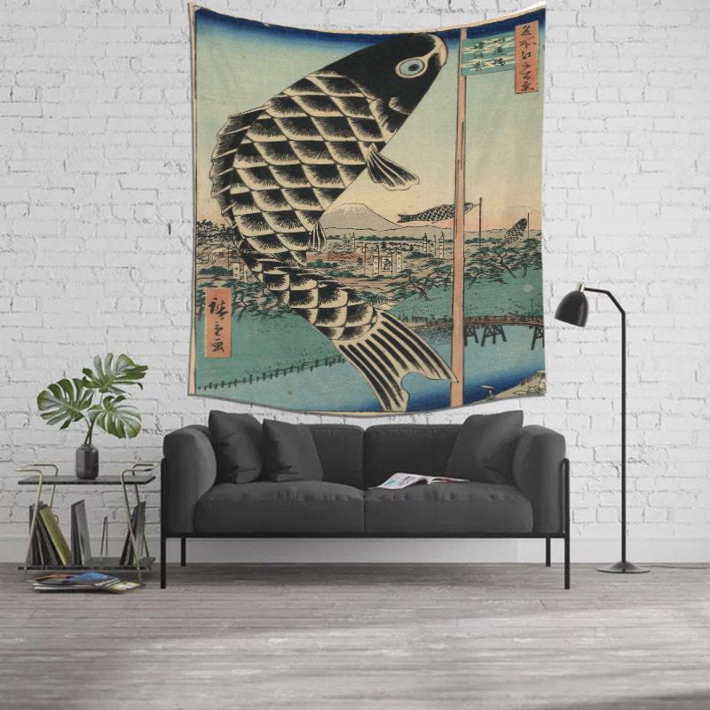 Japanese Style Izakaya Kanagawa Ukiyoe Tapestry Traditional Cartoon Wall Decor for Tattoo Studio Background Art
