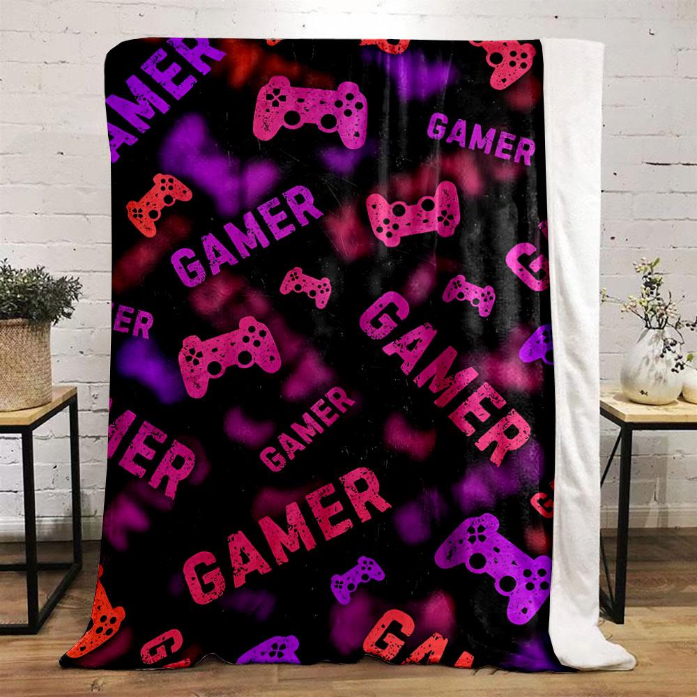 Colorful Game Controllers and "GAMER" Text Scattered On a Black Background. for All Seasons Blanket Lunch Break Throw Gift