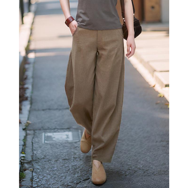 2026 Spring/Summer Women's Comfortable Ramie Wide-Leg Carrot Pants - Retro Lantern Style, Loose & Casual