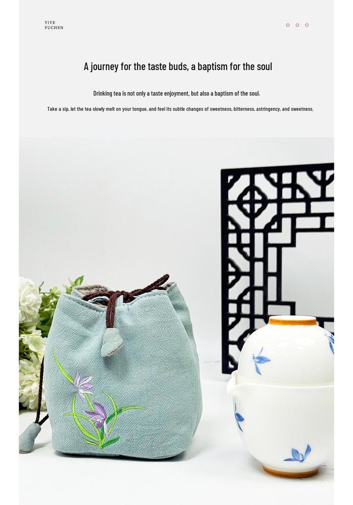 Zen Embroidered Tea Ceremony Travel Bag - Cotton Linen Storage for Teapot, Cups & Accessories