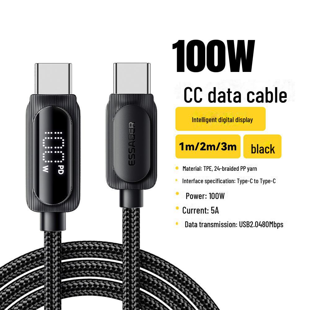 

Зарядный кабель ESSAGER Dual Type-C PD с цифровым дисплеем — быстрая зарядка 100 Вт/60 Вт, совместим с Apple 15/16 1 meter, 100W чёрный