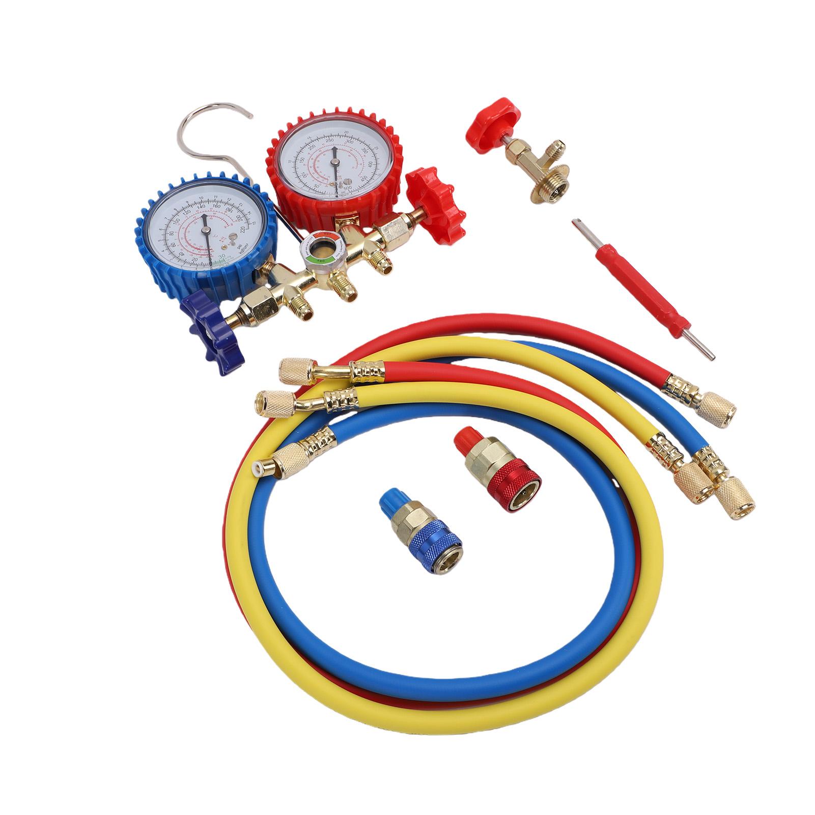 AC Manifold Gauge Set, HVAC Refrigerant Charging Kit for R134a R22 R12 R502, Dual Gauge Automotive and Home AC Diagnostic Tool with Charging Hoses plastic, metal