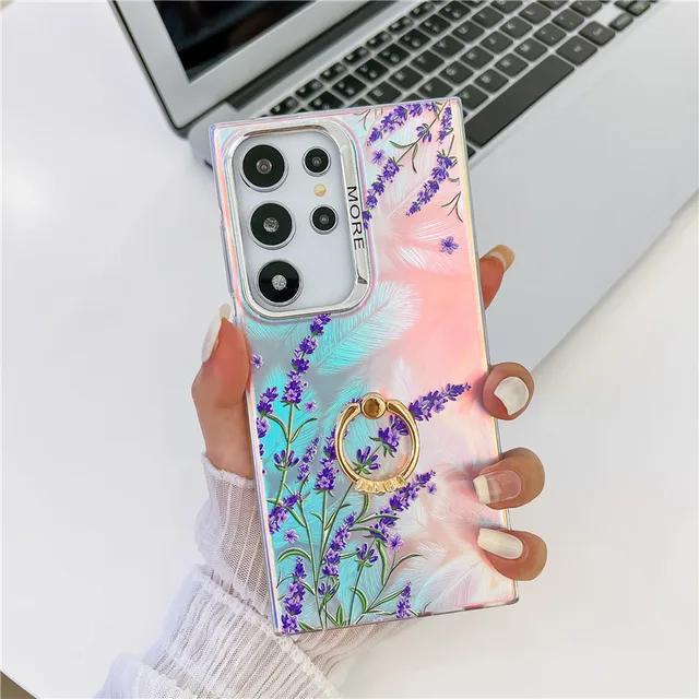 Capa de suporte de telefone Bling Raser Ring para Samsung S23 FE S24 A35 A55 A12 A25 A54 A14 A34 S22 Ultra Flower Leaf Plating Cover