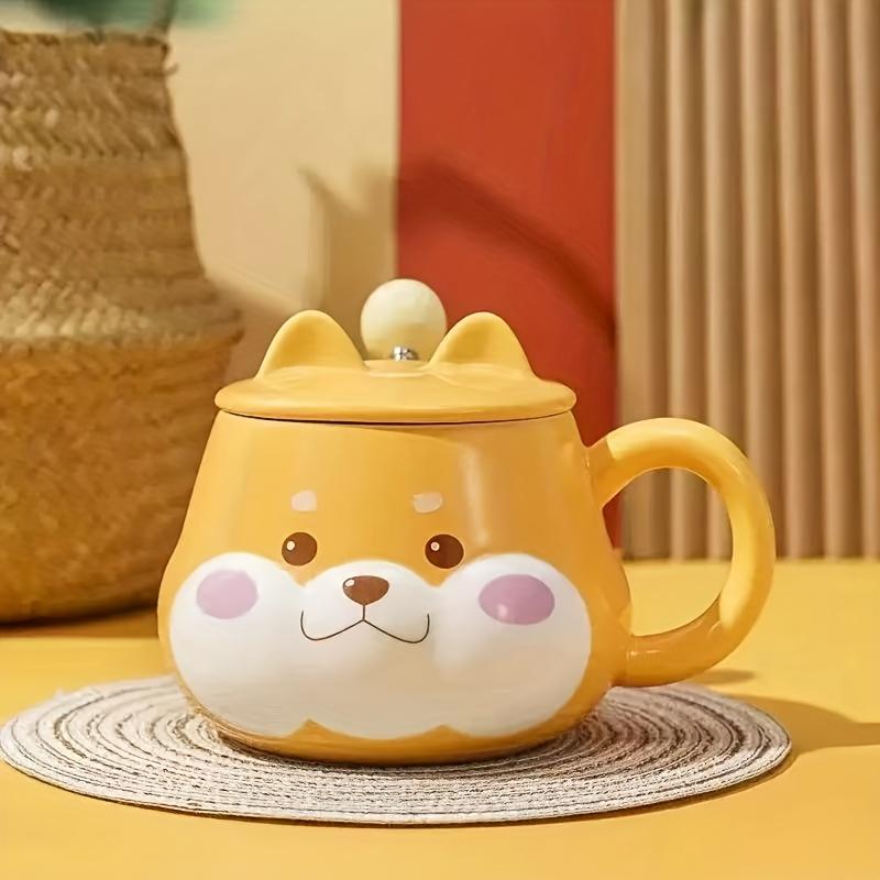 2pcs Cute Dog Design Ceramic Coffee Mug and Spoon Set ,Yellow with White Accents, Hand Wash Only, Reusable, Perfect for Birthdays and Everyday Use