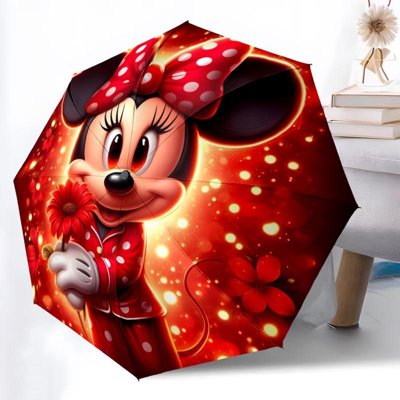 1pc Sturdy 8-Bone Auto Umbrella, Minnie Mouse Red Bow Moon Pastel Floral Umbrella, Digital Printed, Foldable Umbrella for On-the-Go Outdoor Use