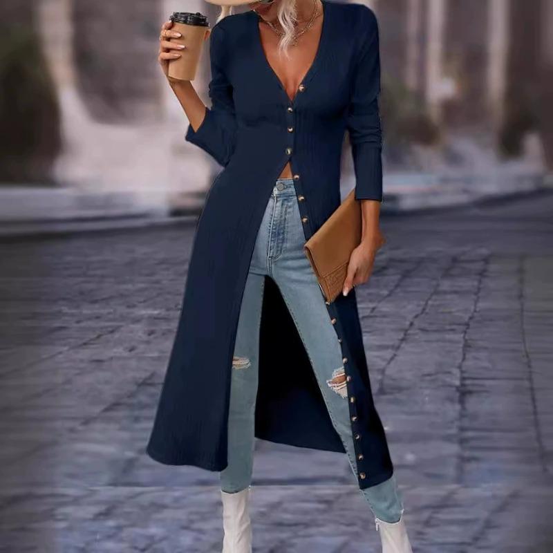 Damen Modischer Lässiger Einfarbiger Langärmliger Langer Cardigan V-Ausschnitt T-Shirt Top