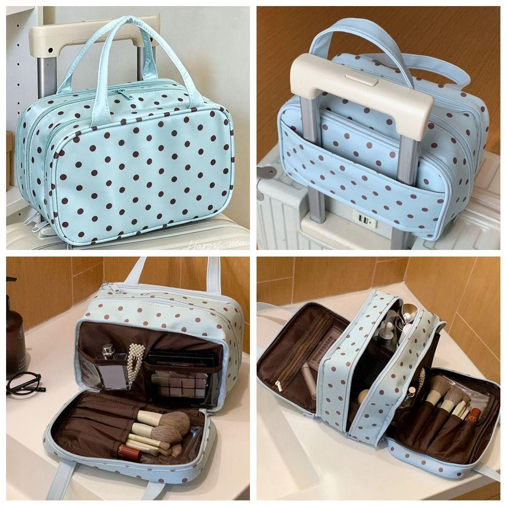 Borsa per Trucco Portatile a Pois Multifunzionale Impermeabile in PU Borsa Cosmetica Grande Capacità Tre Strati Divisi Borsa da Toilette