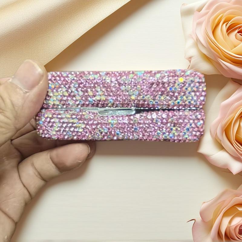 

Rhinestone Crystal Lipstick Case Sparkly Portable Storage Holder Elegant Travel Organizer for Women Daily Use Gift