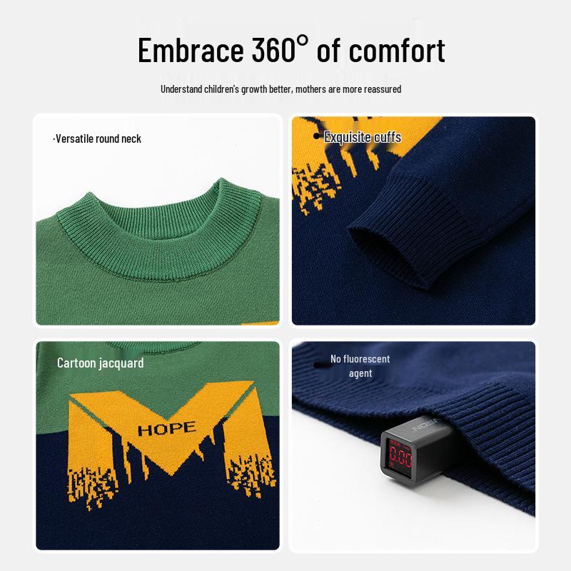 Thickened Embroidered Korean-Style Boys' Sweater - Autumn/Winter Pullover for Medium and Large Children