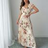 European and American Women's Clothing, New Spring Models, Floral Print Lotus Leaf Sleeve V-neck Pleated Long Dress