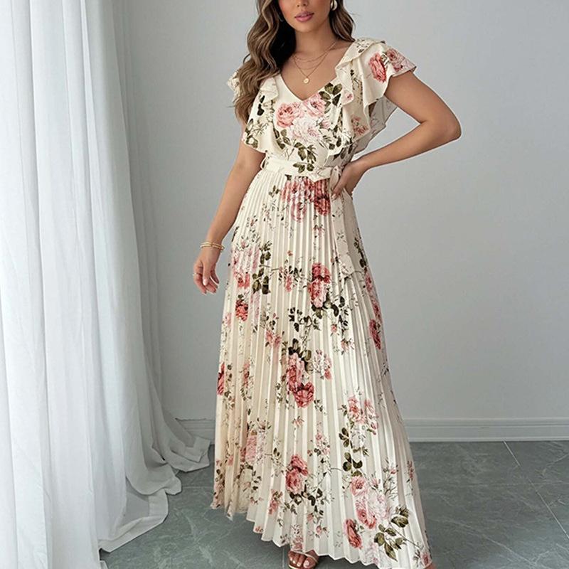 European and American Women's Clothing, New Spring Models, Floral Print Lotus Leaf Sleeve V-neck Pleated Long Dress