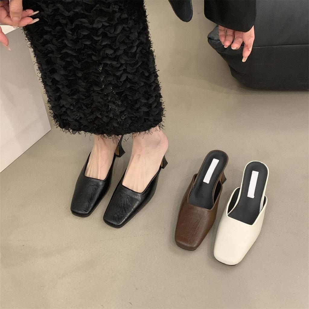 Temperament high-heeled bag head half slippers outer wear women's shoes spring and summer thick heels are not tired feet shallow single shoes