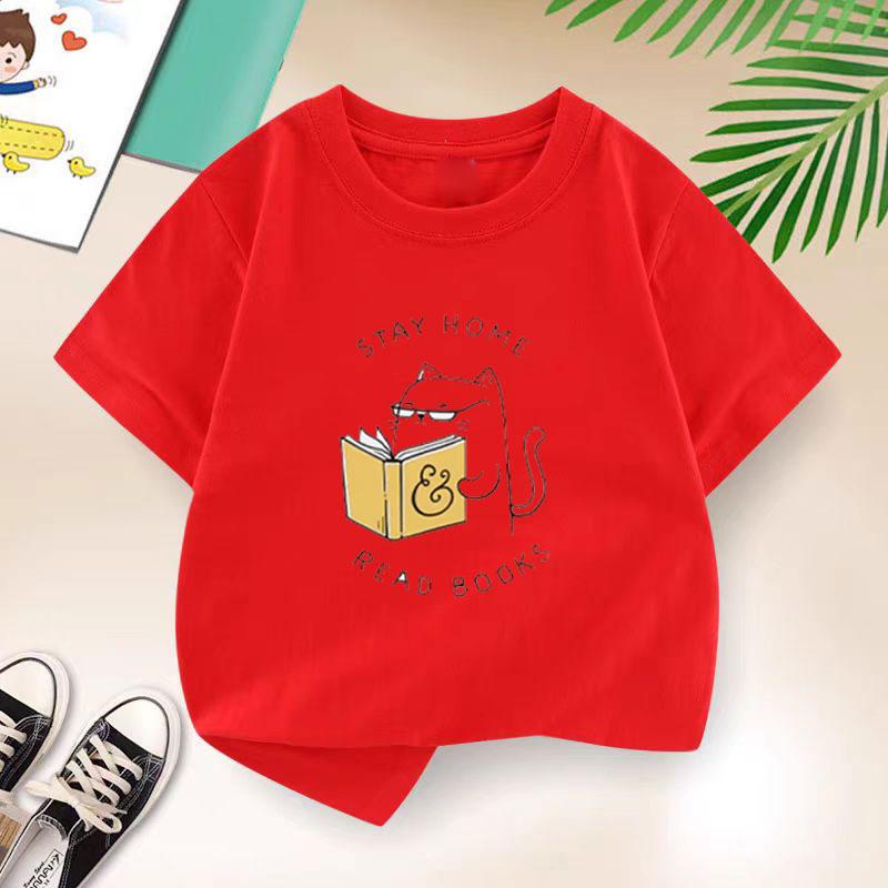 Cat Reading T-shirt for Girls Cotton Kids T Shirt Cartoons Children Casual Clothes Teen Baby Girl Summer Y2K Tops 2-14 Year