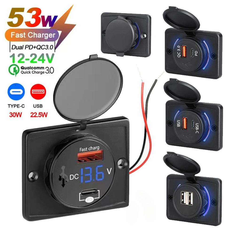 Universal Mount USB Charger 53W Dual Port QC3.0 PD Type-C 12V 24V LED Display