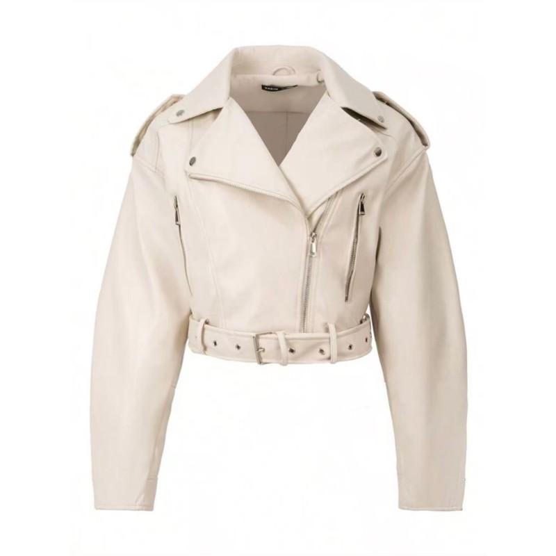 Womens Short PU Leather Moto Jacket Slim Fit Street Style Outerwear Black Wine Beige Brown Peach