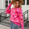 Autumn New Pullover Crew Neck Sweater Women's Versatile Flower Printing Warm Threaded Long Sleeve Knitted Top Women's